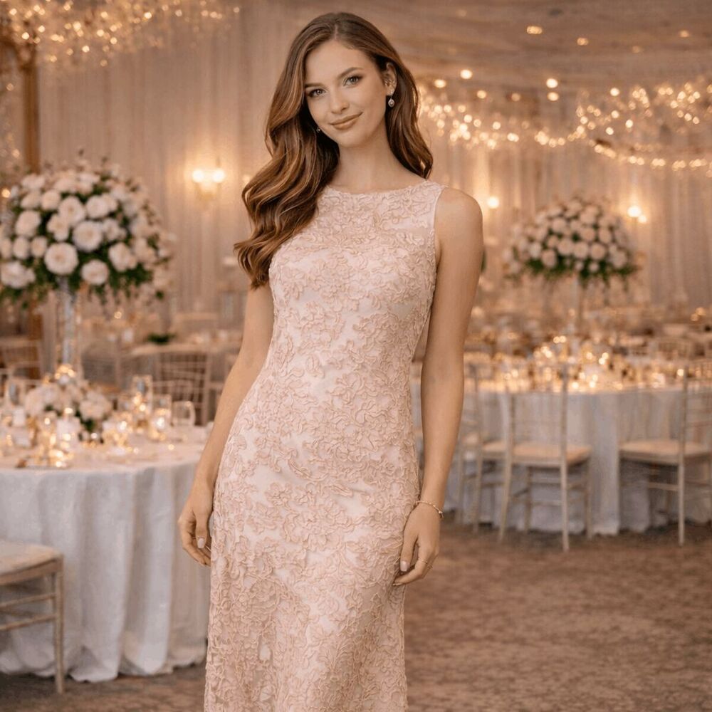 NWT Betsy & Adam Embroidered Overlay Dress Nude Blush Over Cream Back Zip Size 6